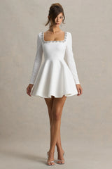 Astonish | White Long-Sleeve Embellished Square-Neck Mini Dress With Volume Skirt