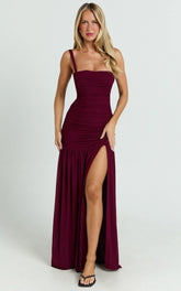 Ruched Mesh High Leg Split Dress in Wine