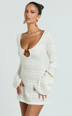Beaded Keyhole Neckline Long Sleeve Dress in Ivory