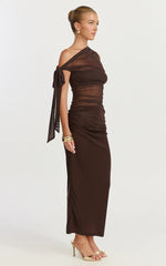 Asymmetrical Off Shoulder Tie Detail Dress in Chocolate