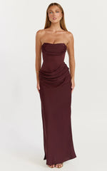 Strapless Structured Bodice Drape Skirt Dress in Plum