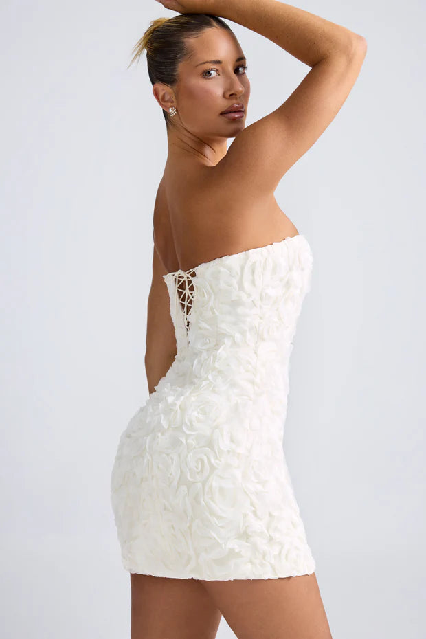 Floral-Appliqué Bandeau A-Line Mini Dress in White