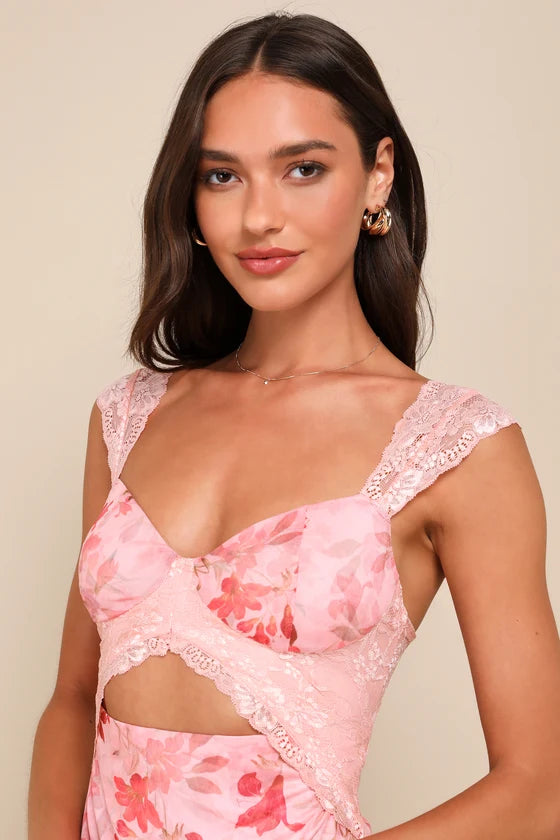 Endlessly Cute Pink Floral Mesh Cutout Lace Bustier Maxi Dress