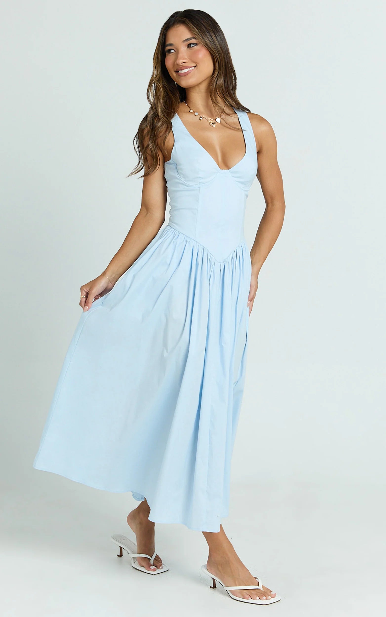 Scoop Neck Drop V Waist Gathered Skirt Dress in Blue