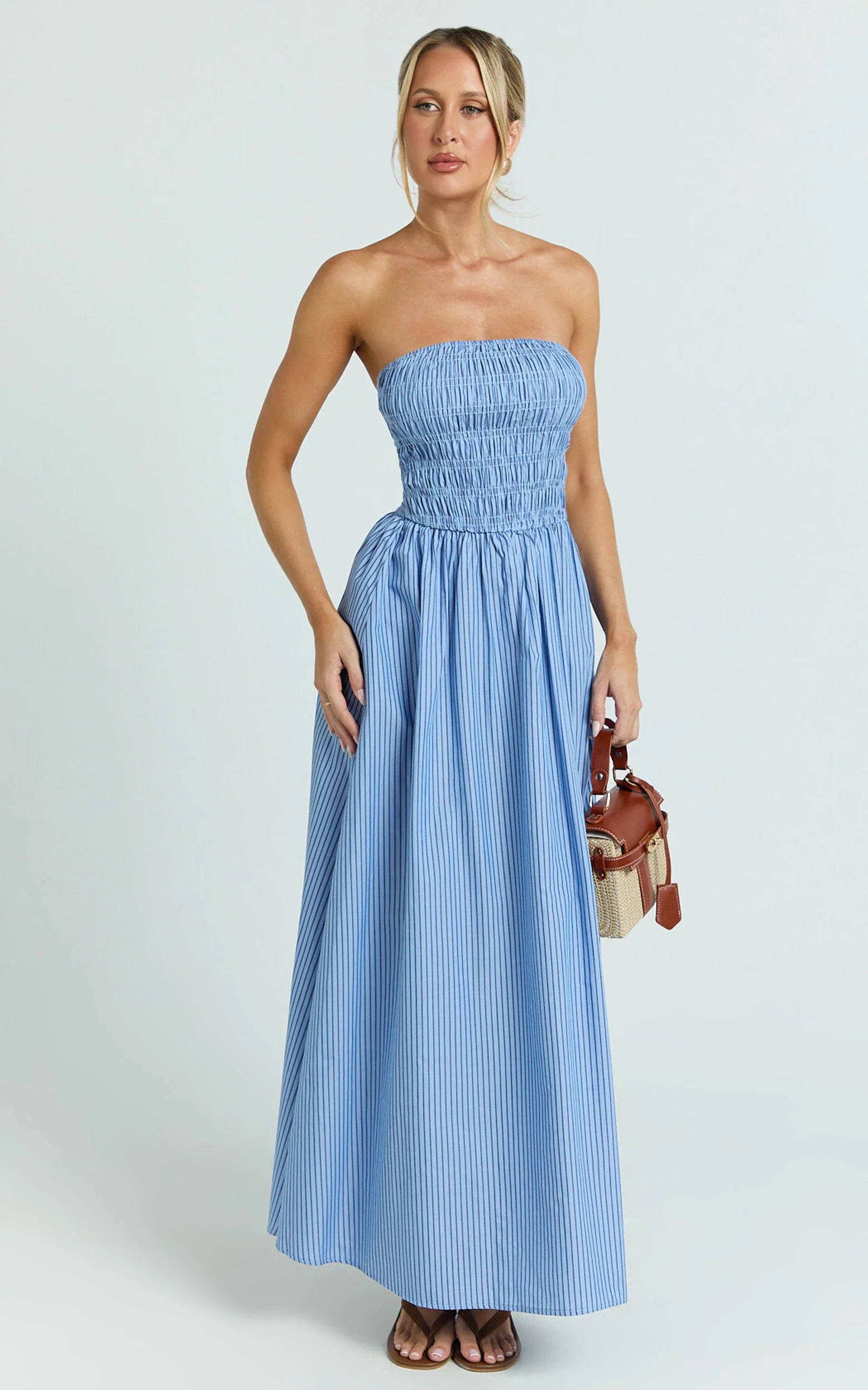 Strapless Smocked Dress in Blue Stripe