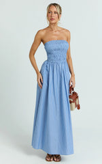 Strapless Smocked Dress in Blue Stripe