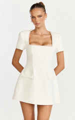 Short Sleeve Pearl Trim Square Neck Tulip Dress in White