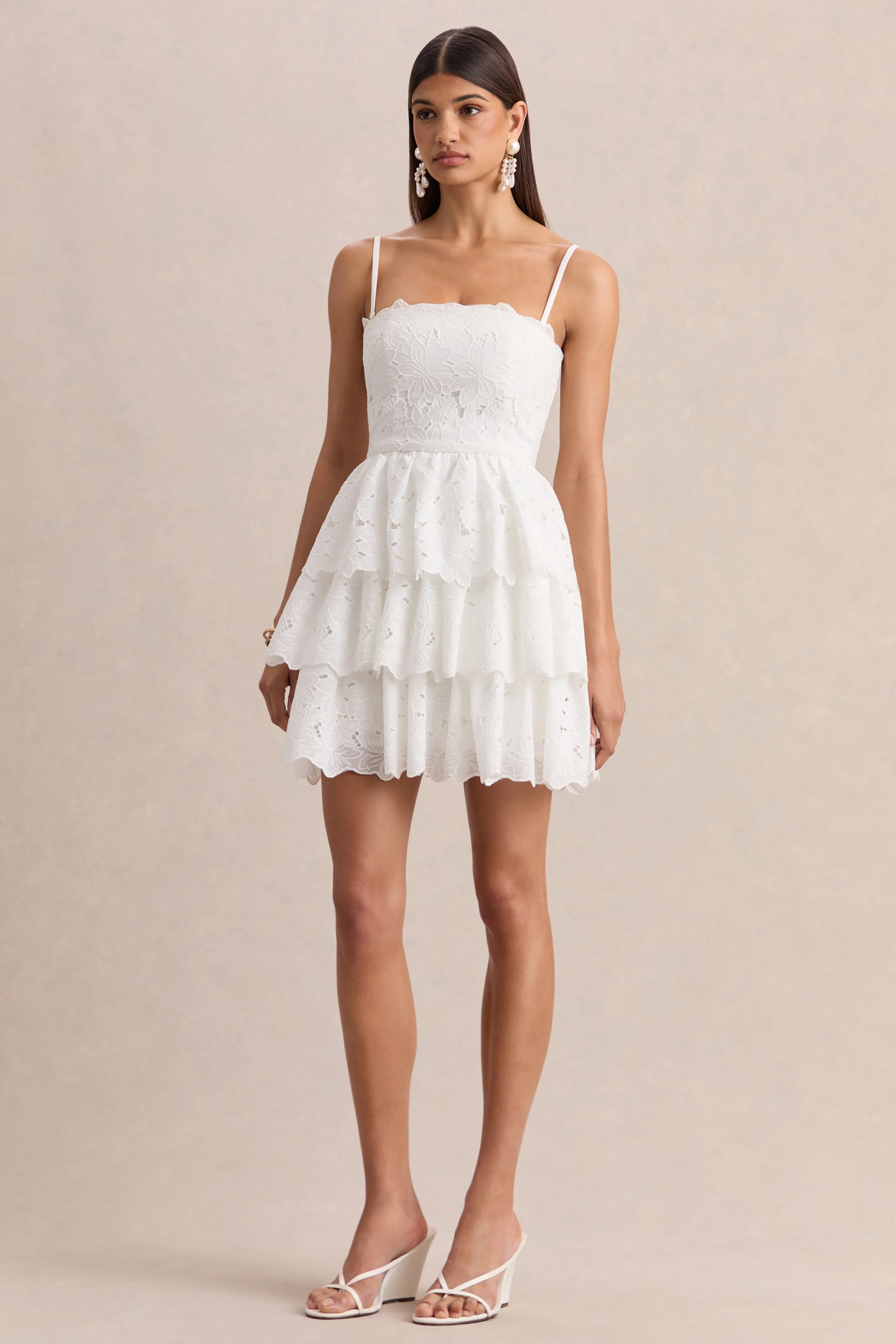 Winona | White Lace Square-Neck Mini Dress With Ruffled Detailing