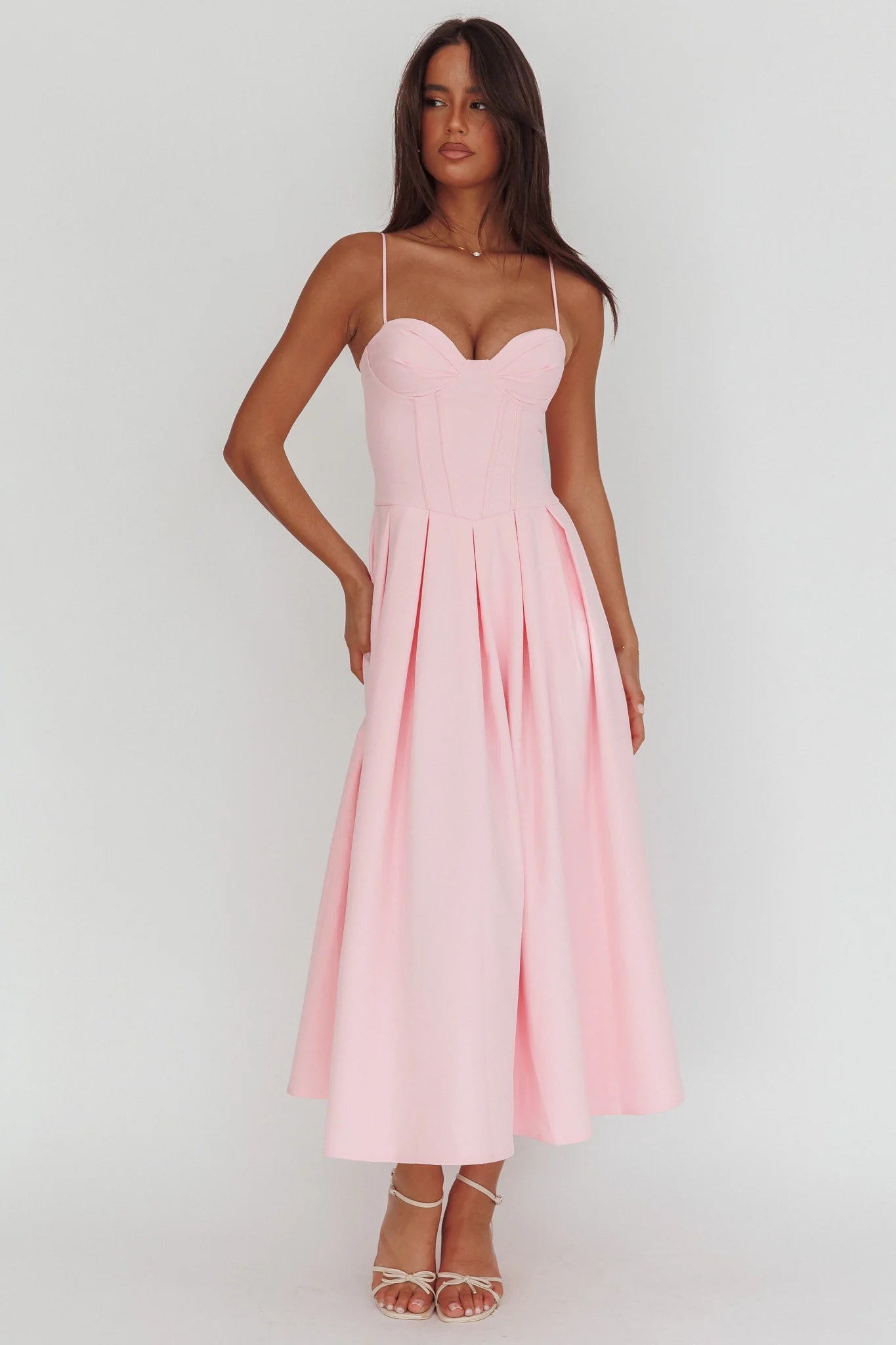 Kearsy Box Pleat Sweetheart Neckline Midi Dress Pink