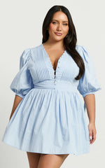 Puff Sleeve Poplin Dress in Icy Blue