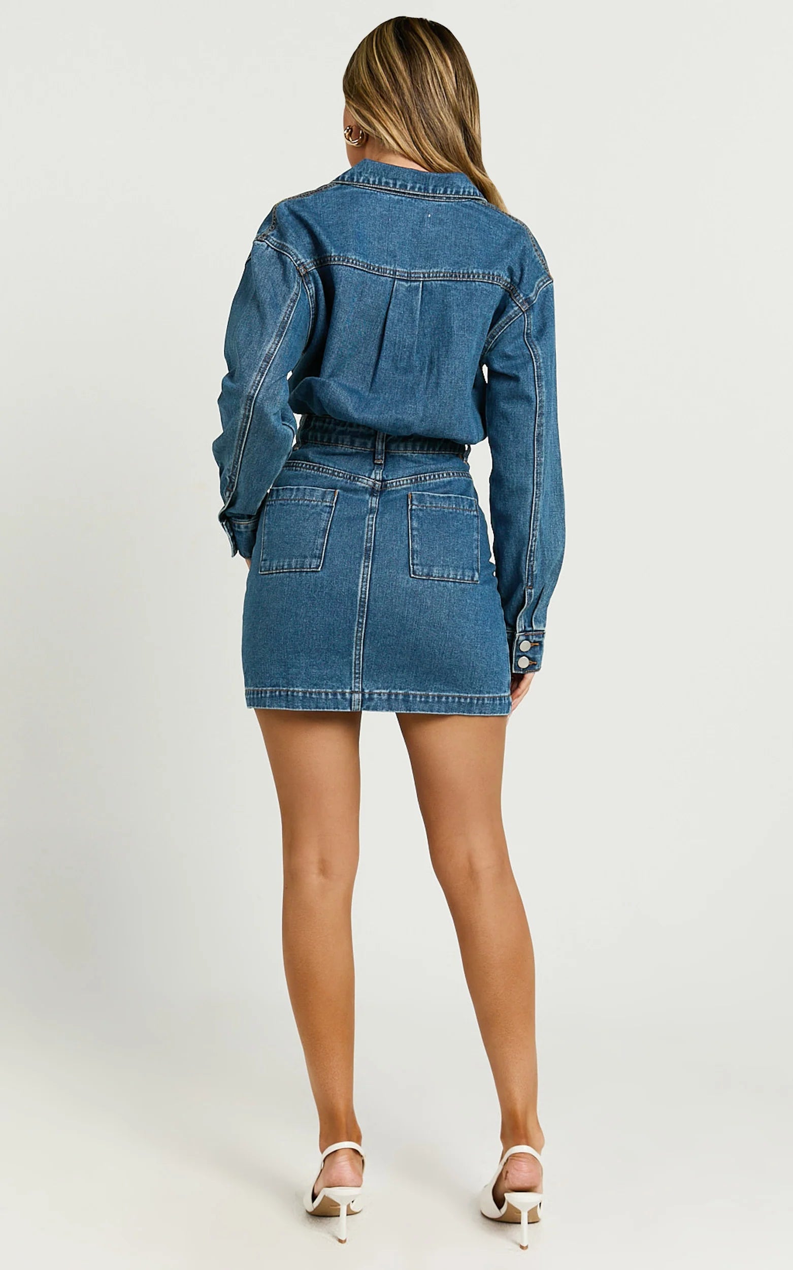 Long Sleeve Button Through Denim Dress in Dark Blue Wash