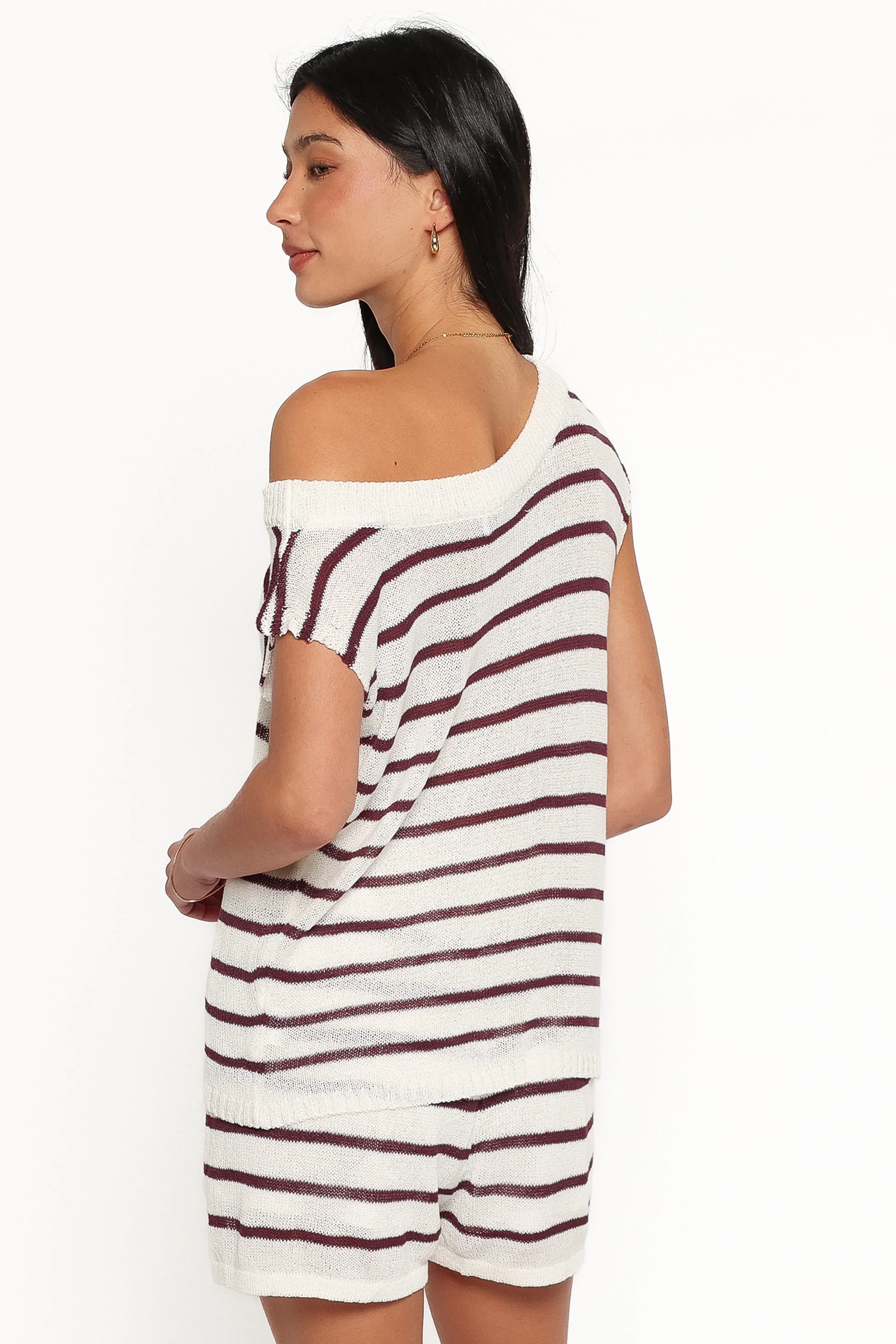 Janie Knitted Short Set - White Plum Stripe