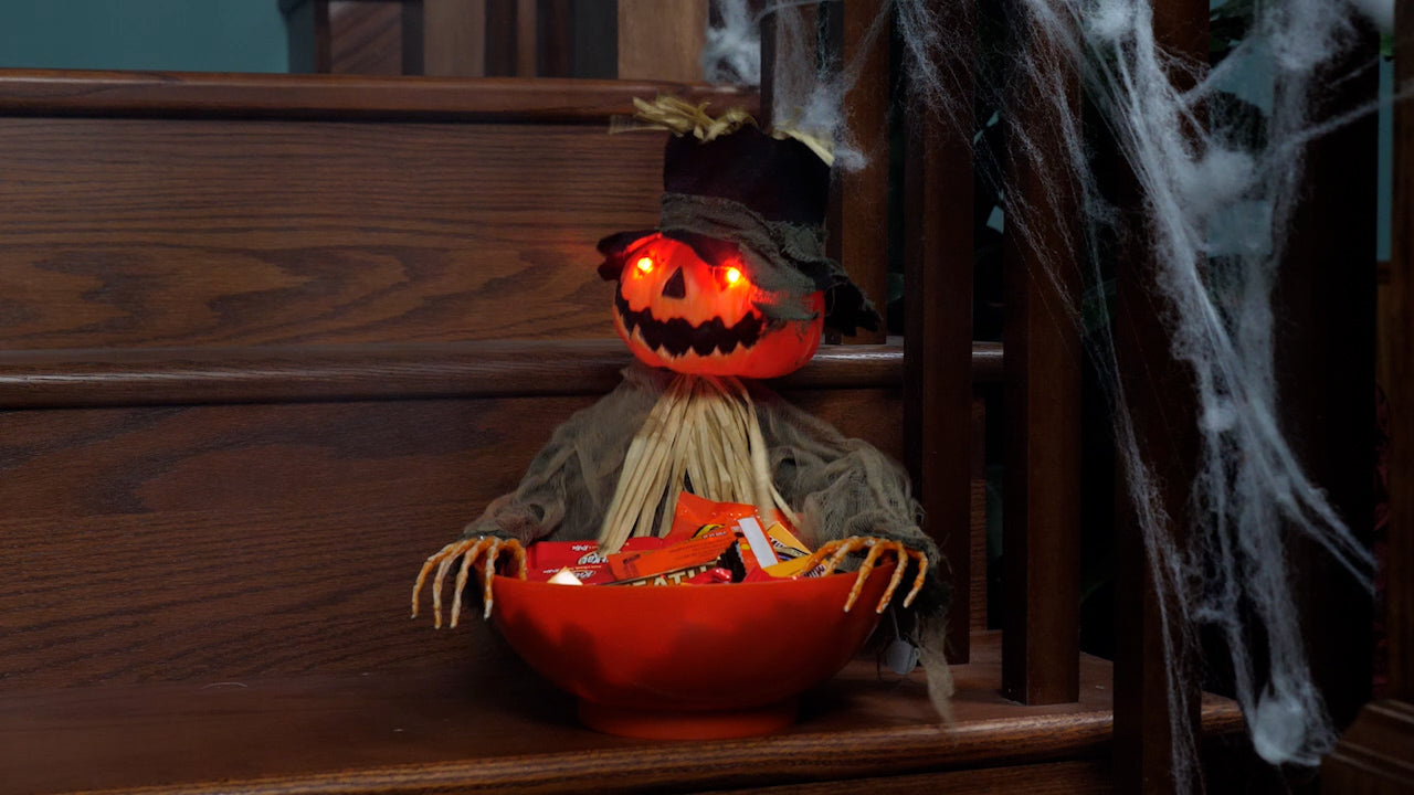9-Inch Candy Bowl with Animated Pumpkin Scarecrow Decoration