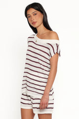 Janie Knitted Short Set - White Plum Stripe