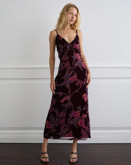 Yamira Maxi Dress in Floral Devore Burgundy