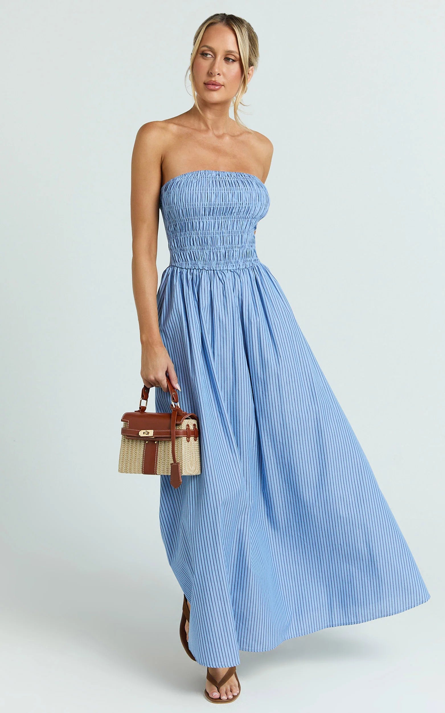 Strapless Smocked Dress in Blue Stripe
