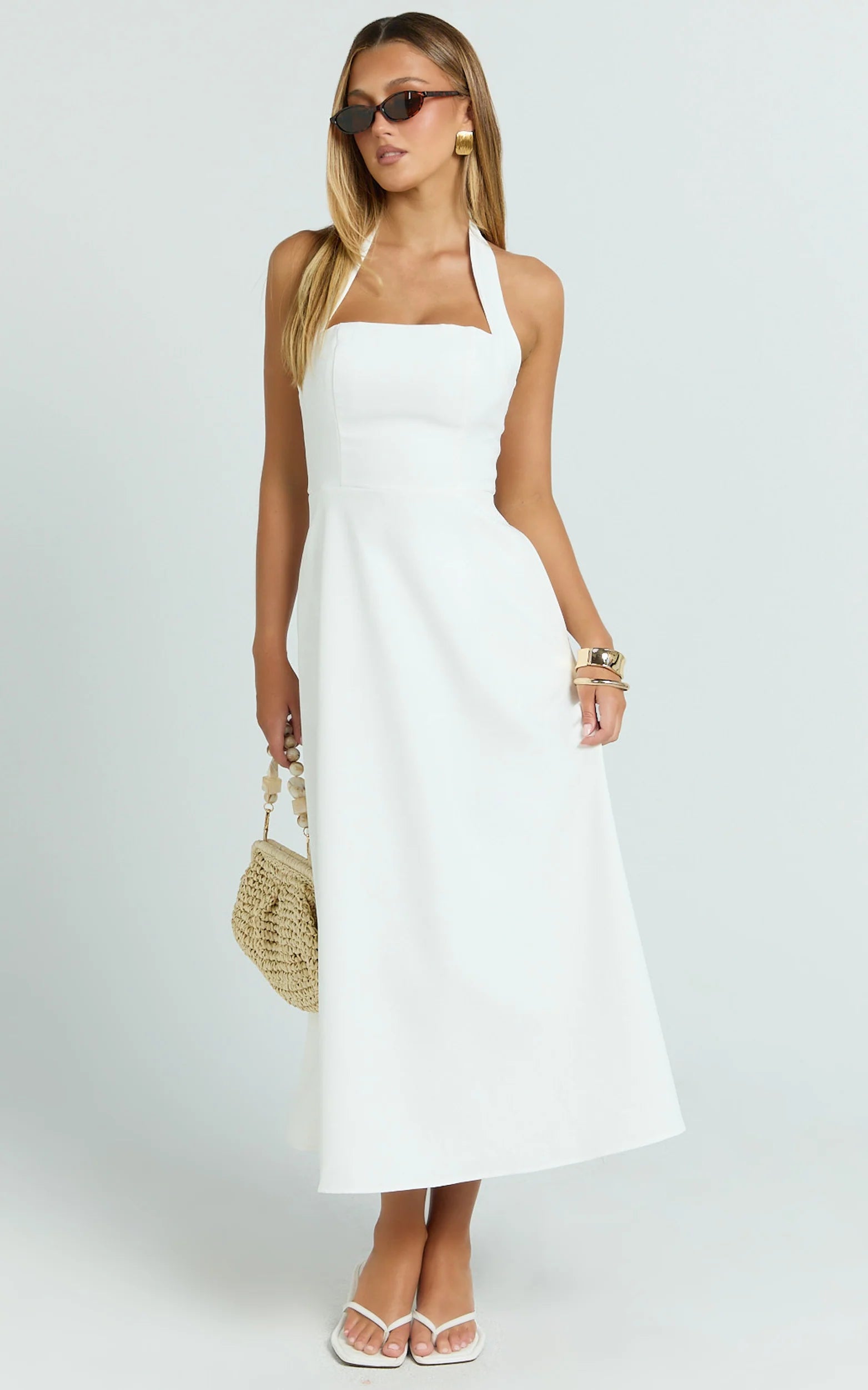 Halter Neck Fit and Flare Midi Dress in White